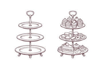 Two tiered cake stands with desserts and empty stand. © Kasasagi