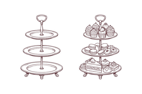 Two tiered cake stands with desserts and empty stand.