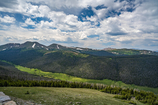 Scenic Rocky Mountain Landscape with Evergreen Hillside in Rocky Mountain NP, Colorado