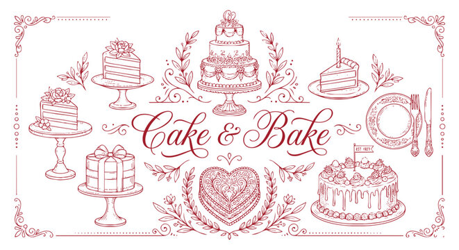 Elegant Cake and Bake Collection with Decorative Elements.