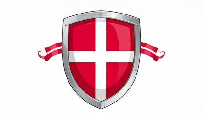 Obraz premium Shield emblem with red background and white cross, resembling Denmark flag, heraldic national symbol of cultural identity.