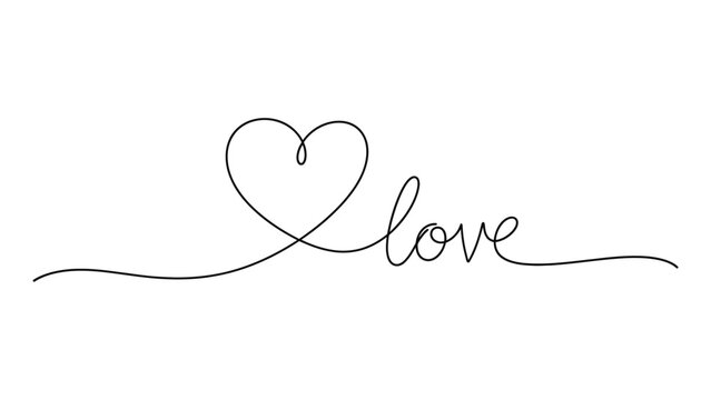 Minimalist continuous line drawing of the word love with a heart symbol. Continuous line style. Hand drawn. Line art. Vector design. illustration