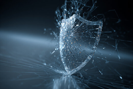 shattered glass shield symbol abstract blue background