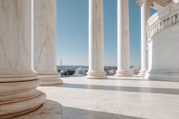 Fototapeta premium A serene view through the majestic columns of the Thomas Jefferson Memorial, framed by a clear blue sky and a distant cityscape.