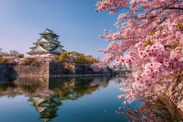 Obraz premium A picturesque view of Osaka Castle framed by vibrant cherry blossoms and reflected in the tranquil water, showcasing the beauty of springtime in Japan.