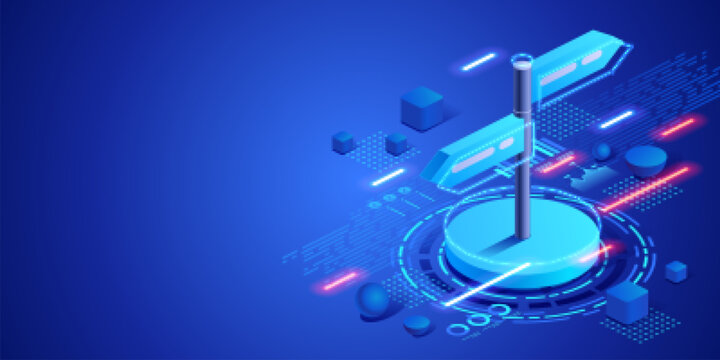 Business decision and strategy concept with digital signpost and data interface. Futuristic isometric neon illustration choosing solutions, planning direction and corporate management strategy.