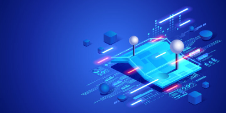 Online tracking and location monitoring concept with digital map interface and navigation markers. Futuristic isometric neon illustration logistics technology, GPS tracking and data systems