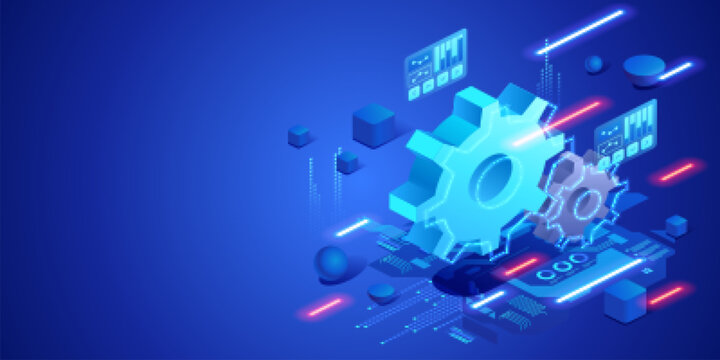 Teamwork and project collaboration concept with digital gears and data interface. Futuristic neon isometric illustration cooperation, productivity tools and corporate workflow management