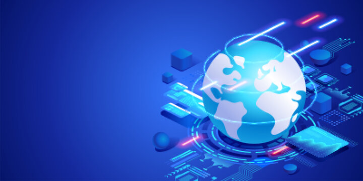 Worldwide delivery and global logistics concept with digital globe and transport network interface. Futuristic isometric neon illustration international shipping, supply chain and delivery systems