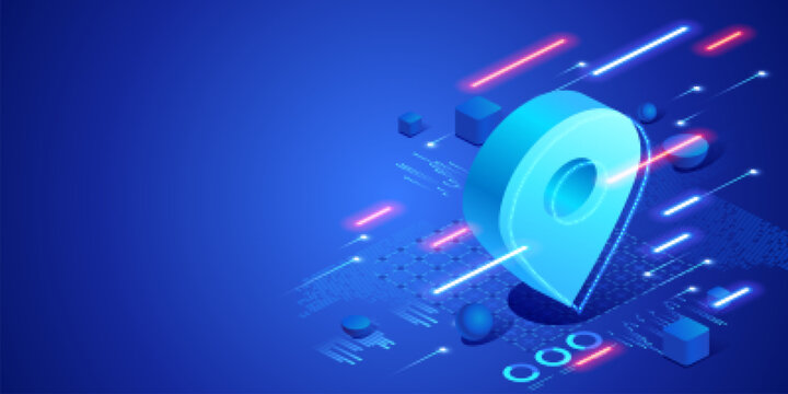 Online tracking and geolocation service concept with digital location pin and data interface. Futuristic isometric neon illustration navigation technology, GPS systems and logistics monitoring.