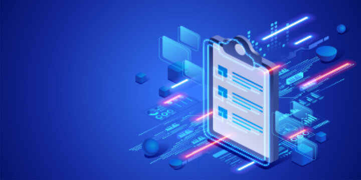 Business task management concept with digital checklist and productivity interface. Futuristic isometric neon illustration workflow organization, project planning and professional work control.