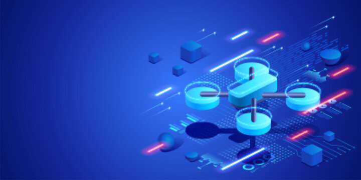 Drone delivery and autonomous logistics technology concept with quadcopter and digital network interface. Futuristic neon isometric illustration modern shipping innovation and smart transport.