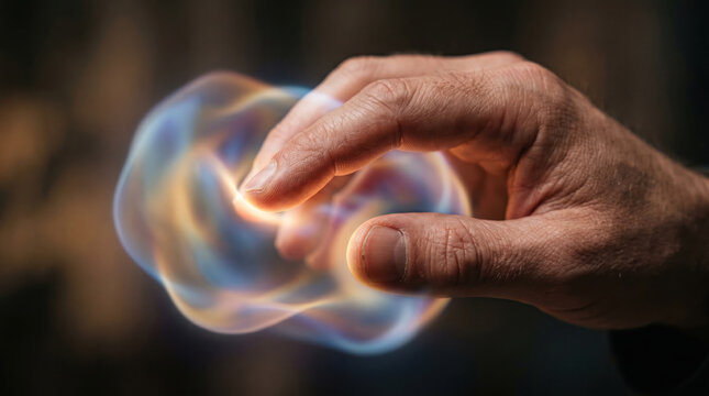 Close-up of a human hand holding a glowing energy sphere or translucent light orb concept