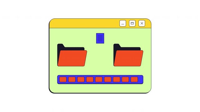 File transfer process neo brutalism popup UI window animation. Documents moving from folder. Data migration with progress bar. Interface element motion transparent. Retro Y2K UX design 4K video