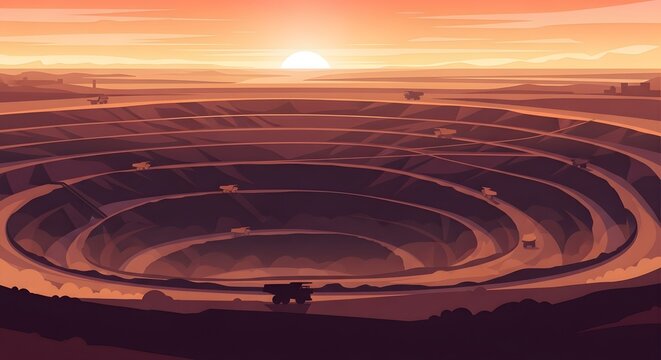 Industrial open pit mine landscape at sunset with haul trucks