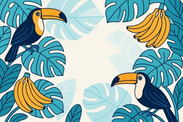 Obraz premium Tropical toucans with bananas and monstera leaves on light background in flat graphic style, exotic jungle summer nature concept illustration. Ai generative