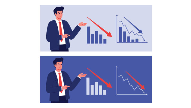 Concerned businessman points to a falling bar chart with a red arrow, illustrating a decrease in sales or profit growth.