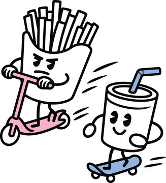 Cartoon french fries riding a scooter chasing a happy soda cup on a skateboard