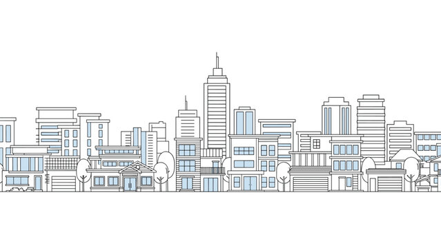 Minimalist linear cityscape illustration featuring various modern buildings, residential houses, and small trees in a clean design.