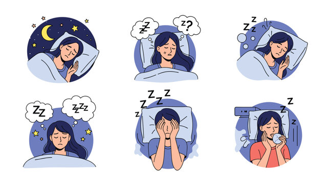 Set of six various illustrations of a woman suffering from insomnia, anxiety, and sleep deprivation throughout a long and restless night.
