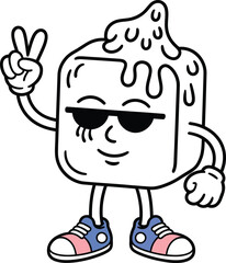 Fototapeta premium Cartoon ice cube character wearing sunglasses and sneakers making a peace sign gesture