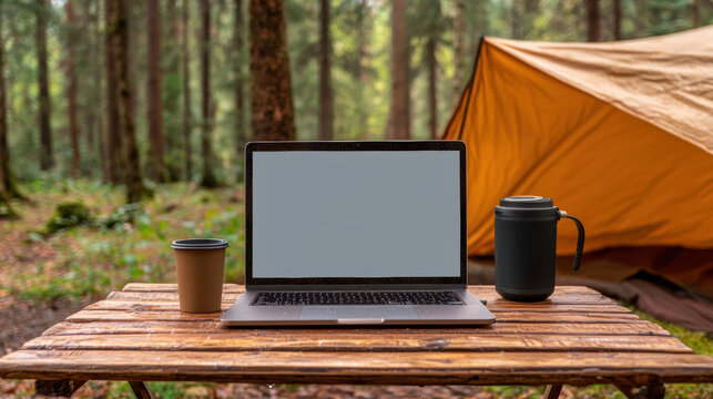 laptop with a blank screen, a coffee cup, and a thermos sit on a wooden table outside an orange tent in a forest setting.