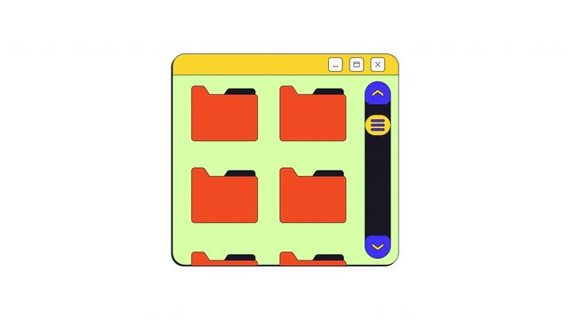 Multiple folders with scroll bar neo brutalism popup UI window animation. Directory browsing. File organization. Storage navigation. Interface element motion transparent. Retro Y2K UX design 4K video