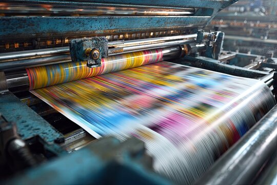 A close-up view showcases the vibrant process of a printing press in action.