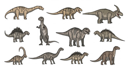 Collection of Diverse Dinosaur Illustrations on White Background. © Yudi