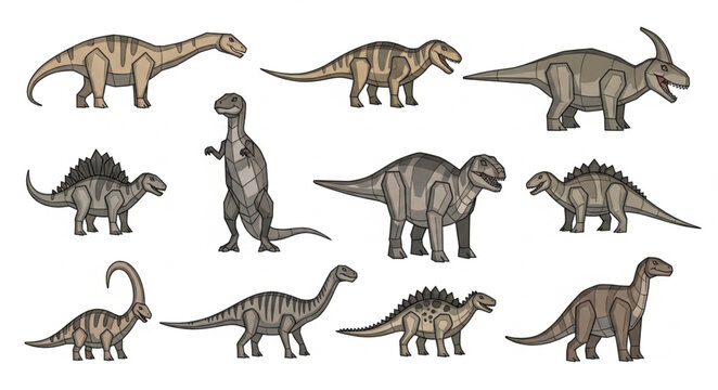 Collection of Diverse Dinosaur Illustrations on White Background.
