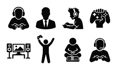 Gaming icons set with 8 black vector silhouettes, professional gamer avatars with headsets and controllers, esports player and gaming station symbols © MdZahirul