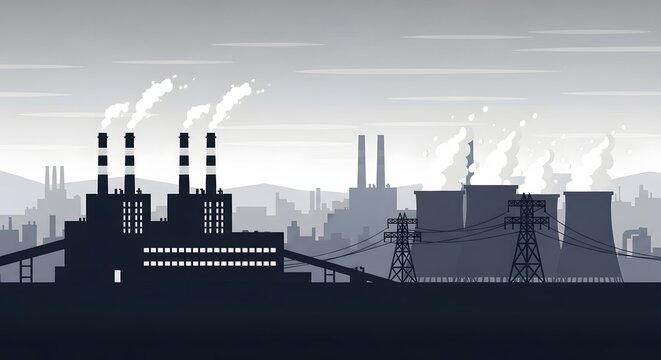 Industrial power plant with smoking chimneys and electricity pylons