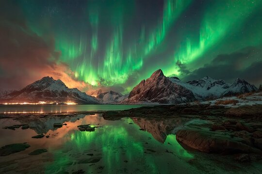 A breathtaking view of the Northern Lights dancing above snow-covered mountains reflected in a tranquil coastal landscape.