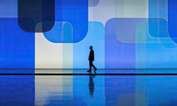 Silhouette of a person walking in front of a large, abstract blue digital display.