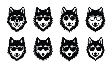 Cool wolf head icons with sunglasses, set of 8 husky and wolf vector illustrations, minimalist black and white canine mascot characters for logo design © MdZahirul