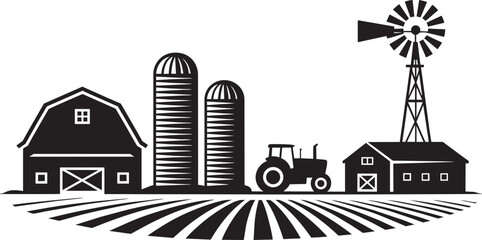 Obraz premium Farm scene with barn, silos, tractor, windmill, and plowed field illustration with black