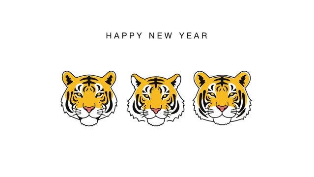 Set of three fierce and stylized tiger heads celebrate the lunar new year with a happy new year message included.