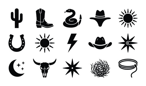 Wild West black silhouette icons, 15 western vector elements including cowboy hat and cactus, desert themed graphic set for branding and logo design
