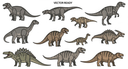 Collection of various dinosaur illustrations in different poses. © Yudi