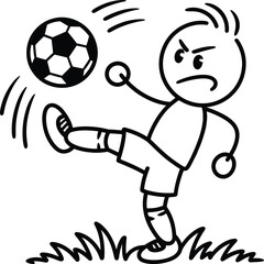 Obraz premium Cartoon stick figure boy kicking a soccer ball