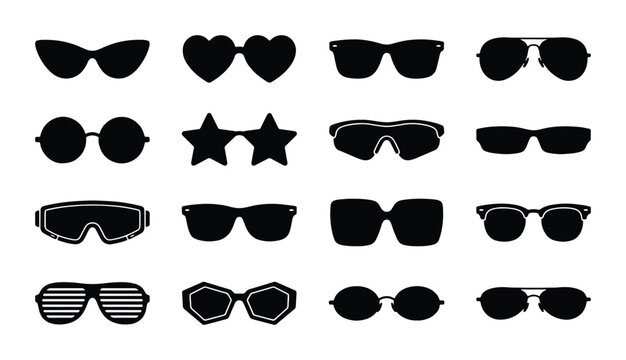 Sunglasses silhouette icon set, 16 black eyewear vector symbols, stylish summer fashion glasses and sun protection spectacles collection