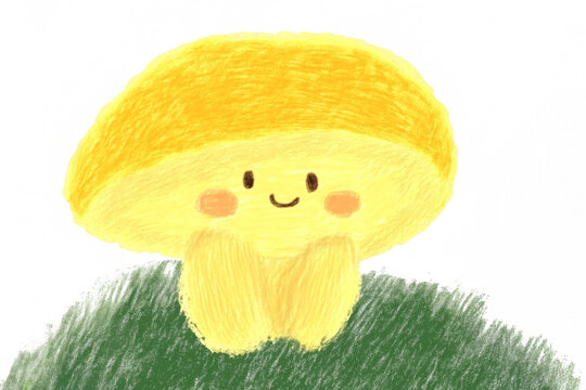 Cute yellow mashroom character with adorable kawaii smile in the grass childlike crayon drawing