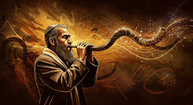 Man playing shofar with sound wave. Rosh Hashanah and Yom Kippur Jewish holiday. Spiritual illustration for a holy day.