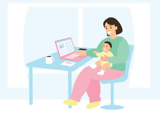 Happy Mother Working from Home with Baby on Lap
