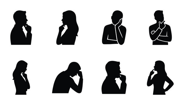 Thinking people silhouettes set, 8 vector icons of pensive men and women, thoughtful human profile collection for mental health and psychology