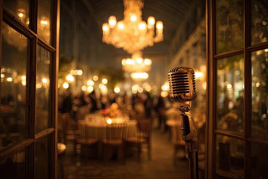 A vintage microphone stands prominently in an open doorway, framing a warmly lit ballroom filled with tables and guests, creating a nostalgic and elegant atmosphere.
