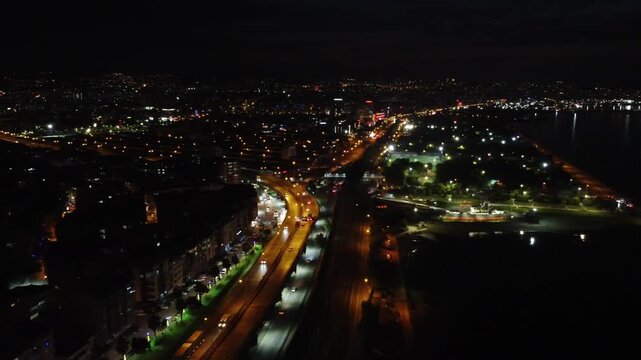 Samsun city in Turkey, aerial view at night