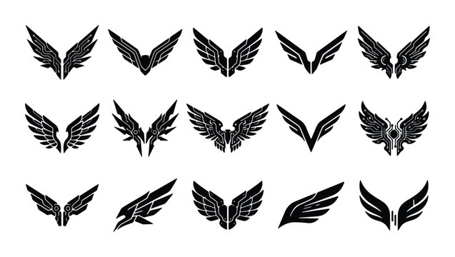 Stylized black wing silhouettes set, 15 heraldic eagle and bird wing icons, modern geometric wing vector graphics for logo design and branding