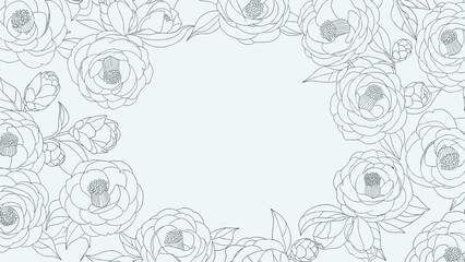 Obraz premium Delicate monochromatic floral background featuring a dense pattern of camellia flowers and leaves in a light blue line art style.