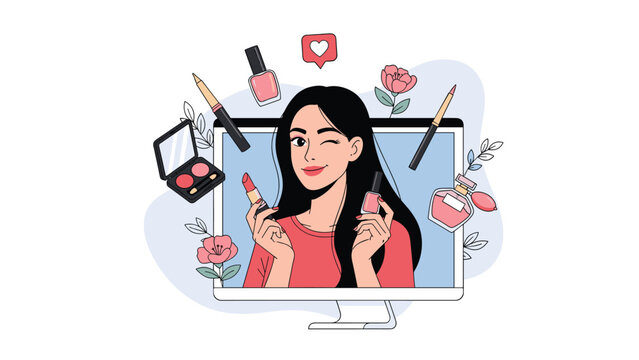 Cheerful woman presenting beauty products and cosmetics during an online makeup tutorial or social media live stream.